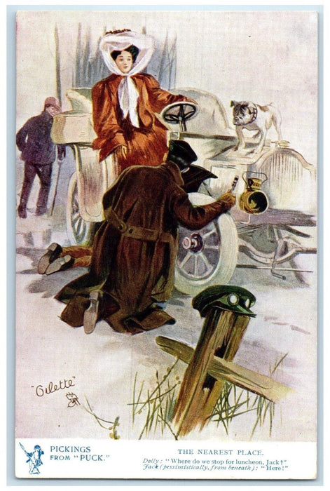 c1905 Pickings From Puck The Nearest Place Car Pug Dog Oilette Tuck's Postcard