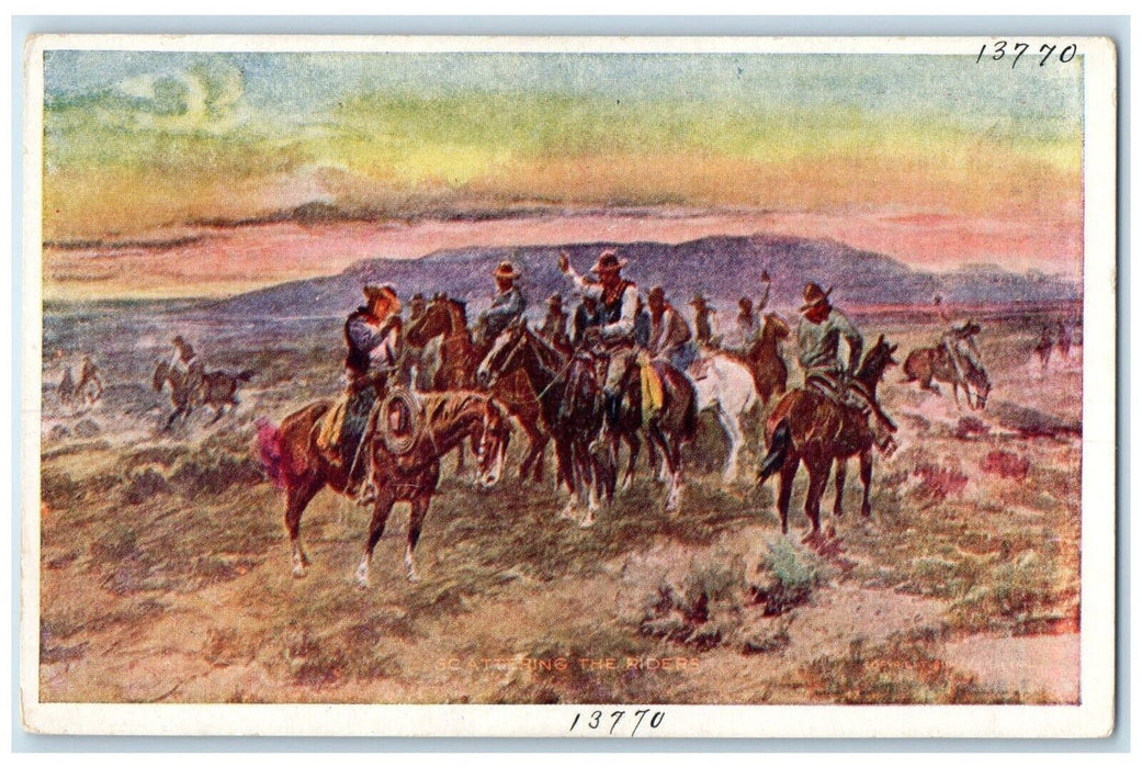 1910 Scattering The Riders Charles Russel Artist Signed Valley City ND Postcard