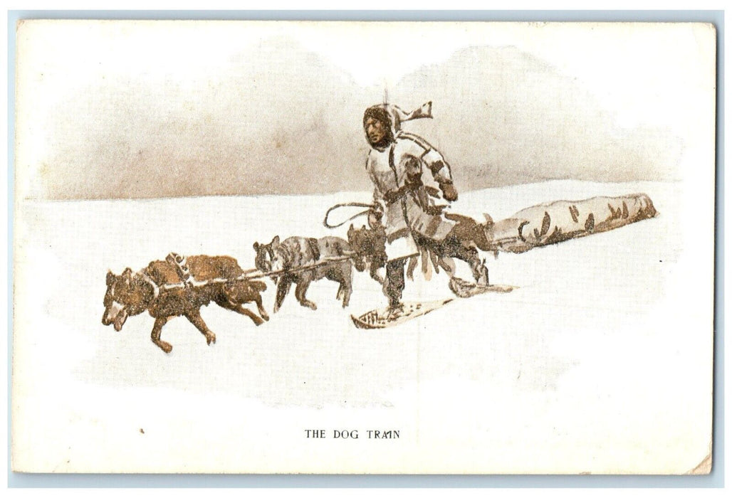 c1910's The Dog Train Winter Scene Charles Russel Artist Signed Antique Postcard
