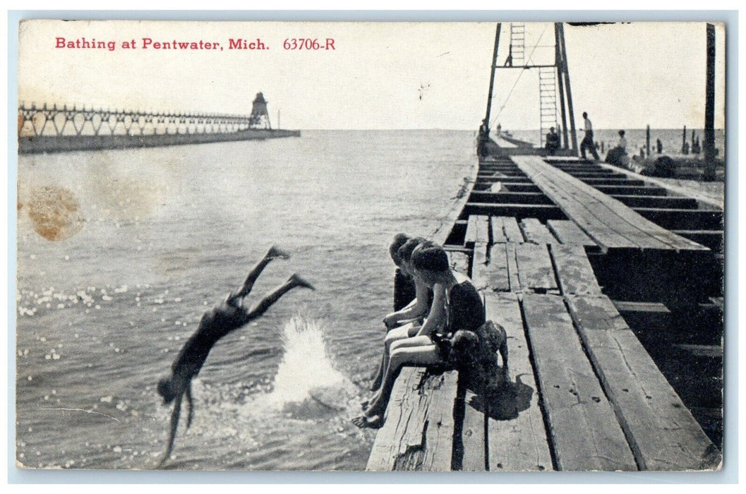 1915 Bathing Children Dock Pentwater Michigan MI Antique Posted Vintage Postcard