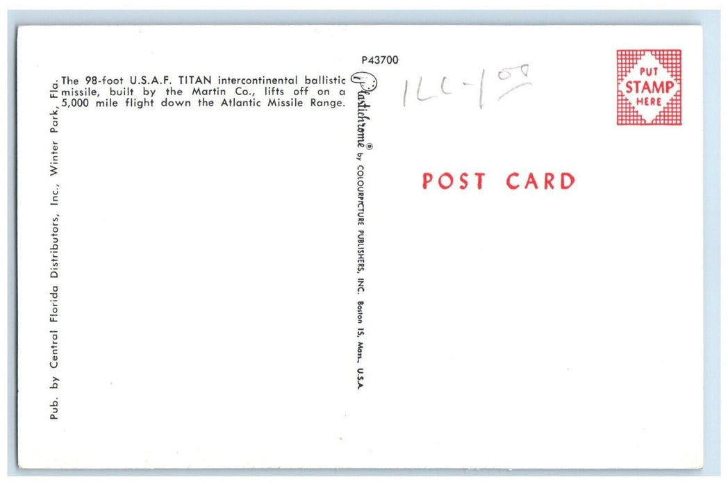 c1960 USAF Titan Intercontinental Ballistic Missile Winter Park Florida Postcard
