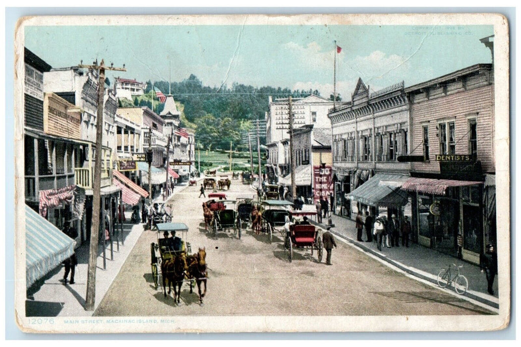 1911 Aerial View Main Street Horse Carriage Mackinac Island Michigan MI Postcard