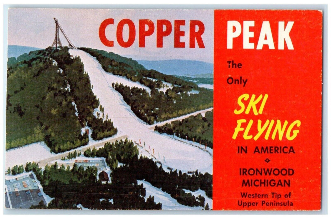 c1960 Copper Peak Ski Flying Tower Trails Ironwood Michigan MI Vintage Postcard