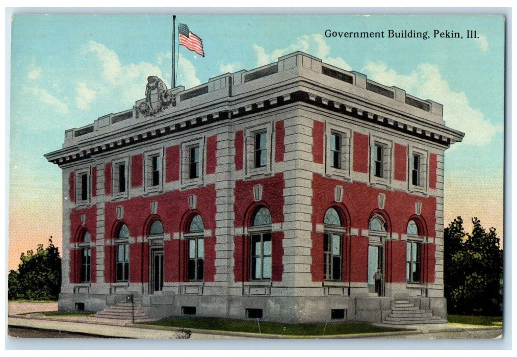 c1910 Government Building Exterior Road Pekin Illinois Vintage Antique Postcard