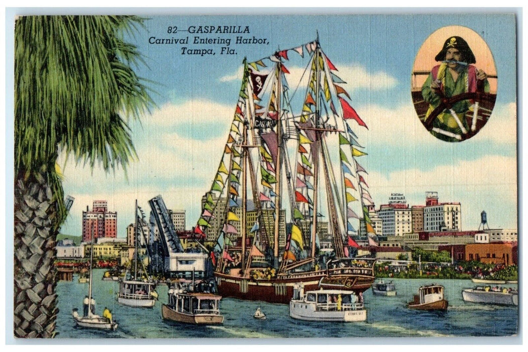c1940's Gasparilla Carnival Entering Harbor Tampa Florida FL Vintage Postcard