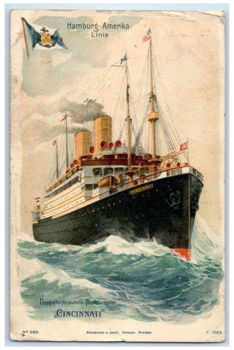1911 Twin-Screw Mail Steamer Cincinnati Hamburg-Amerika Line Germany Postcard
