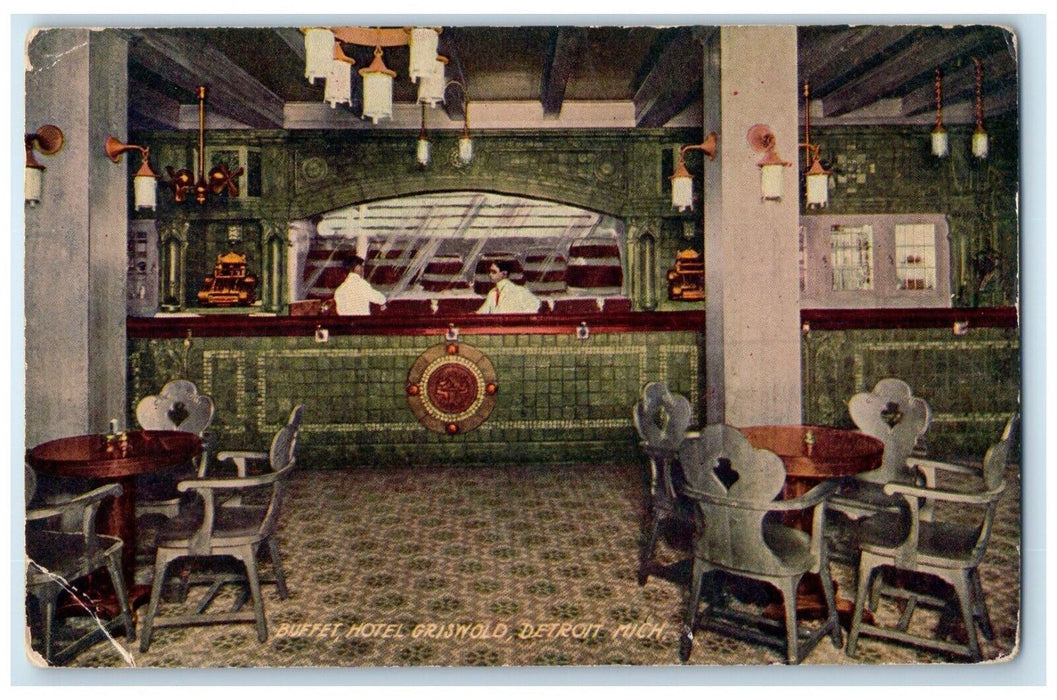 c1910 Interior View Buffet Hotel Griswold Detroit Michigan MI Unposted Postcard