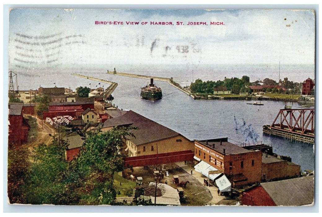 c1910 Birds Eye View Steamer Ship Harbor St Joseph Michigan MI Vintage Postcard