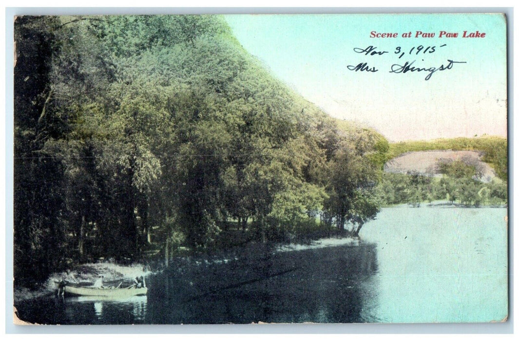1915 Canoeing Boat Scene Paw Paw Lake Trees Michigan MI Antique Vintage Postcard