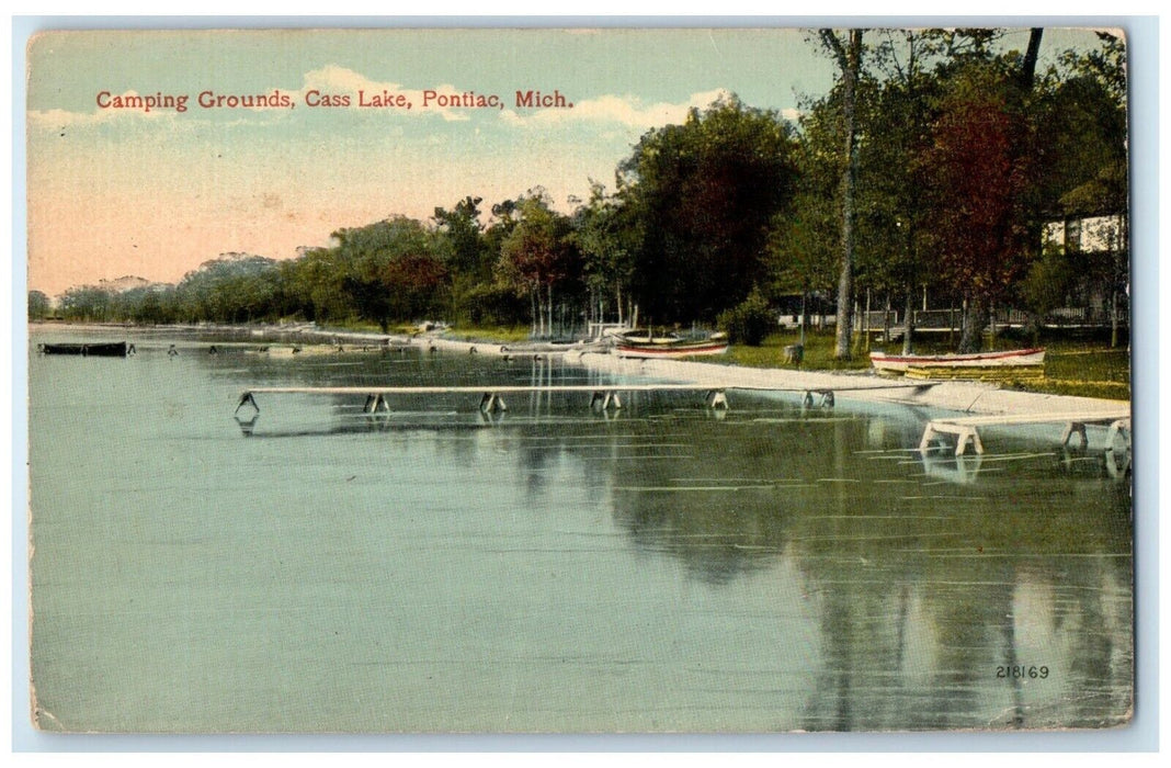 1910 Scenic View Camping Grounds Cass Lake Pontiac Michigan MI Vintage Postcard