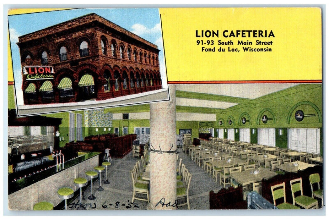 c1940 Lion Cafeteria Main Street Fond Du Lac's Restaurant Wisconsin WI Postcard