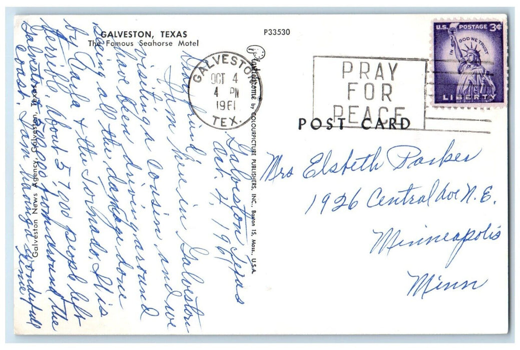 1961 Famous Seahorse Motel Exterior Building Galveston Texas TX Vintage Postcard