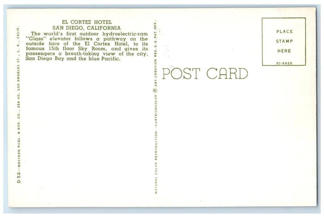 c1960 El Cortez Hotel Glass Elevator Exterior San Diego California CA Postcard
