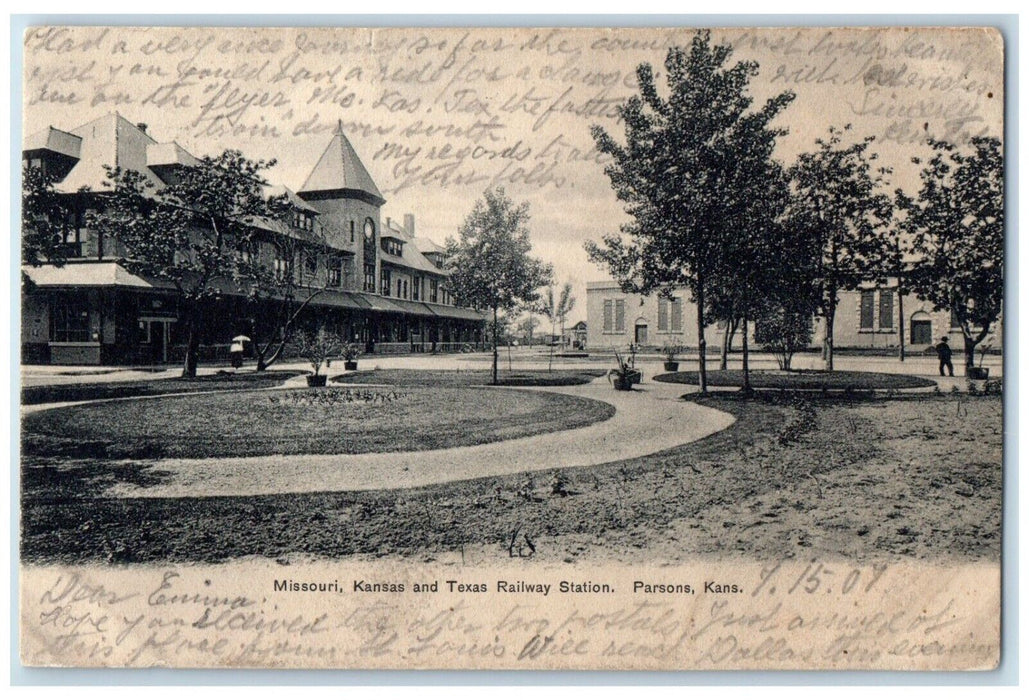 1907 Missouri Kansas Texas Railway Train Station Parsons Kansas Vintage Postcard