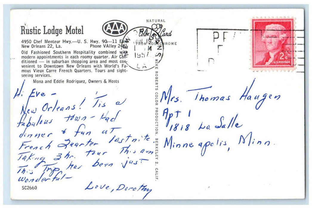 1957 Rustic Lodge Motel Chef Menteur Highway New Orleans Louisiana LA Postcard