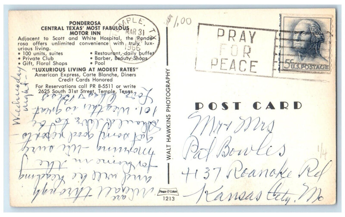 1966 Ponderosa Central Texas Fabulous Motor Inn White Hospital Temple Postcard