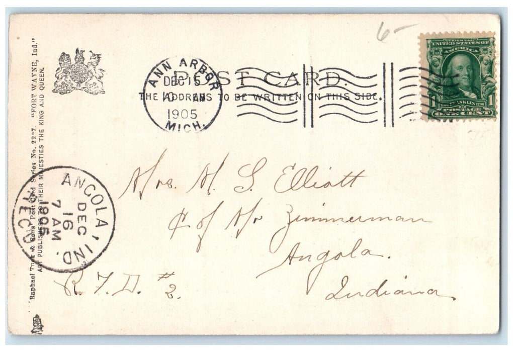 1905 First Presbyterian Church Fort Wayne Indiana IN Raphael Tuck Sons Postcard