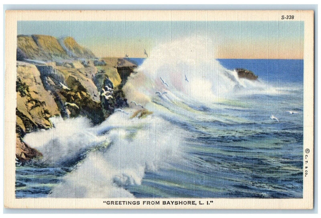 c1940 Greetings From Ocean Waves Bayshore Long Island New York Antique Postcard