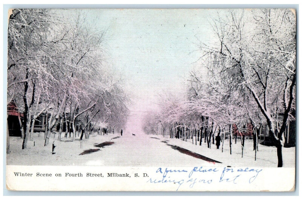 1908 Winter Scene Fourth Street Snow  Road Milbank South Dakota Vintage Postcard