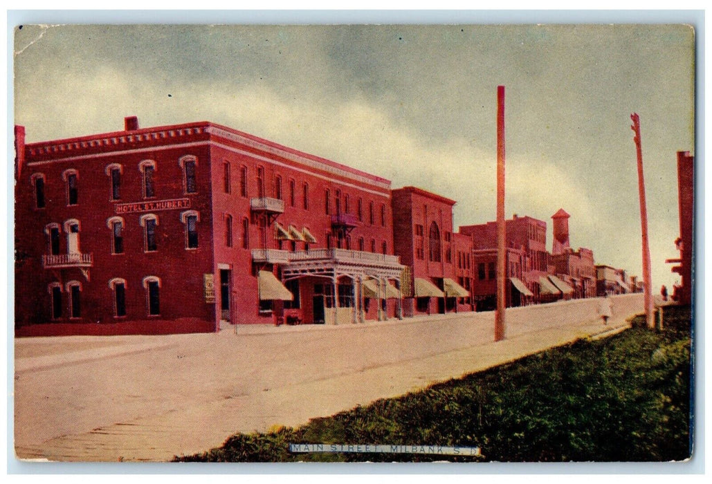 c1910 Main Street Exterior Building Hotel Hubert Milbank South Dakota Postcard