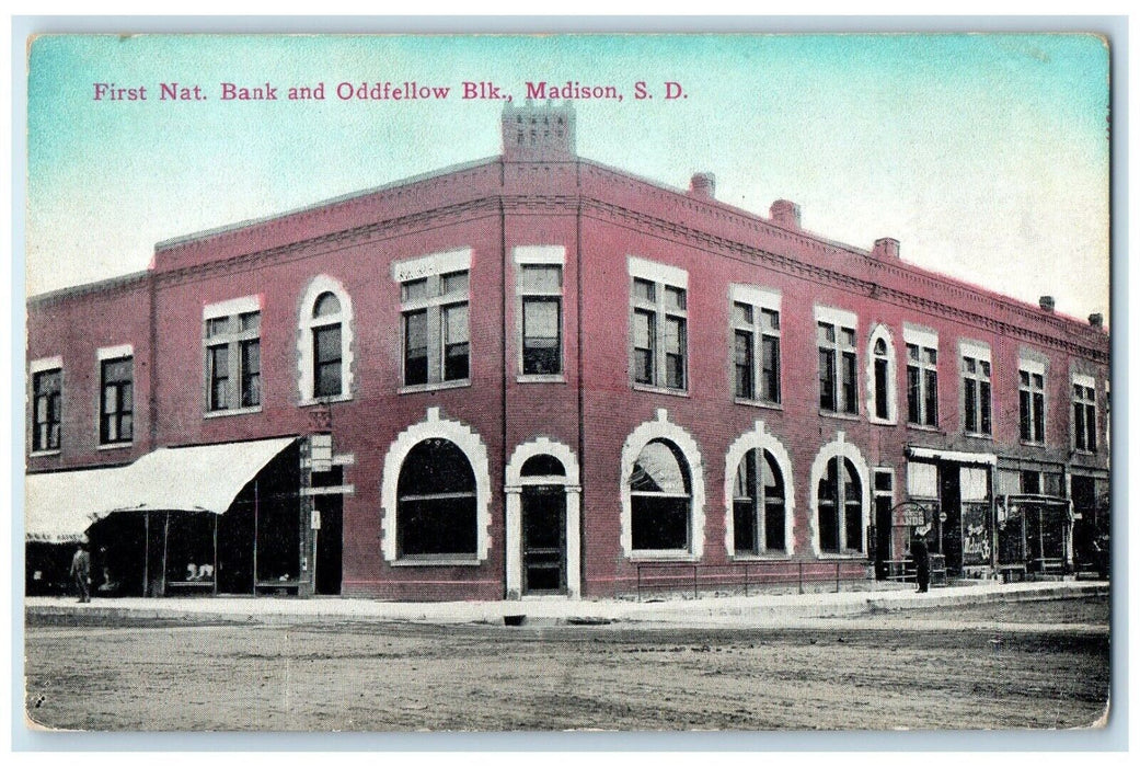 c1910 First National Bank Oddfellow Blk. Madison South Dakota Vintage Postcard