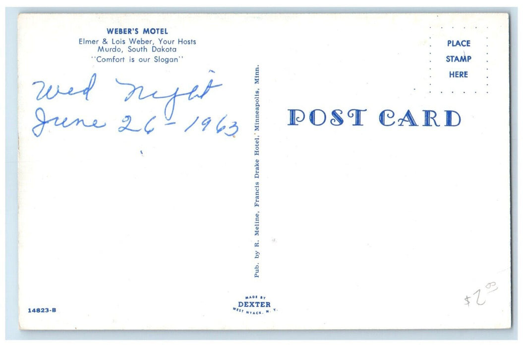 c1960 Weber's Motel Elmer Lois Weber Murdo South Dakota Vintage Antique Postcard