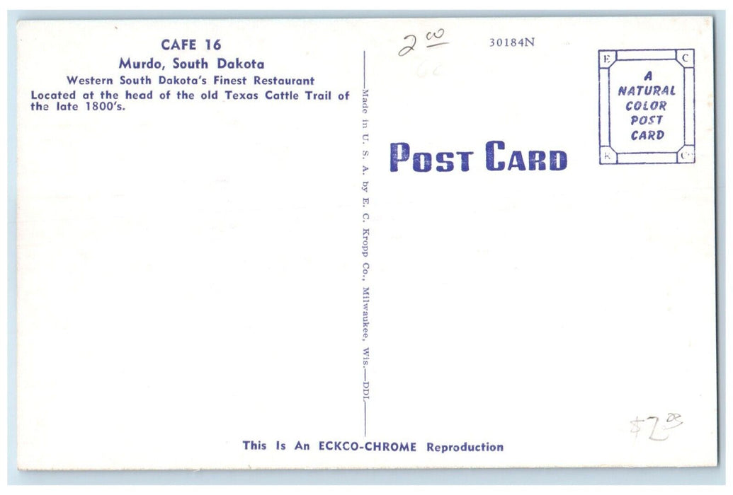 1950 Cafe 16 Restaurant Cattle Trail Murdo South Dakota Vintage Antique Postcard