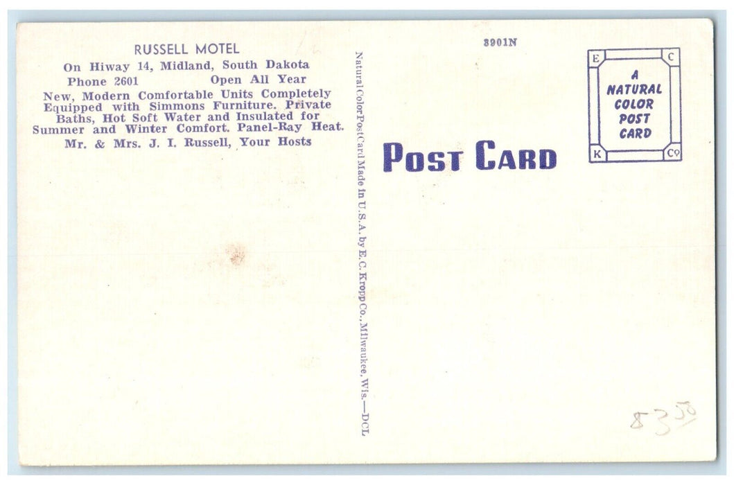 c1940 Russell Motel Map Exterior Hiway Midland South Dakota SD Vintage Postcard