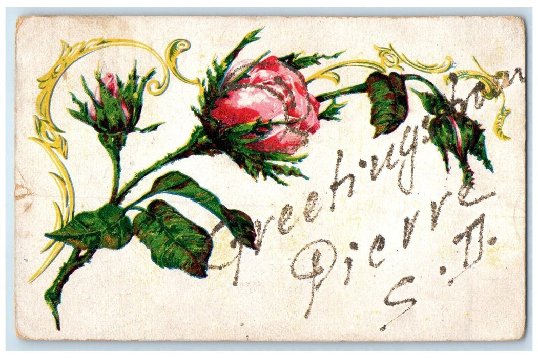 1907 Greetings From Rose Flower Leaves Pierre South Dakota SD Vintage Postcard