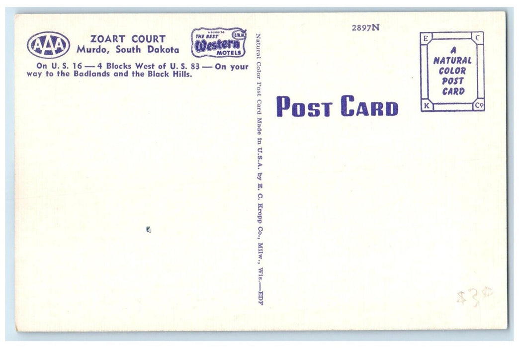 c1940 Zoart Court Black Hills Badlands Exterior Murdo South Dakota SD Postcard