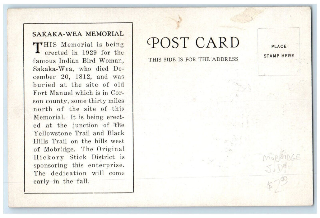 c1929 Sakaka-Wes Memorial Manuel Corson County Mobridge South Dakota SD Postcard