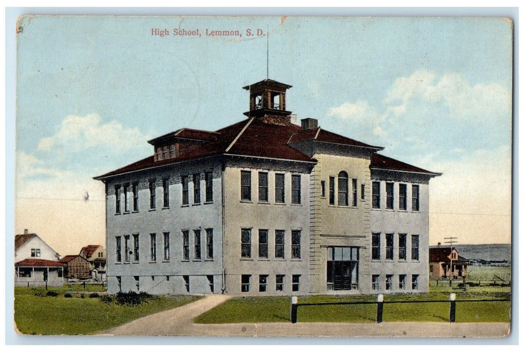 1913 High School Exterior Building Lemmon South Dakota Vintage Antique Postcard