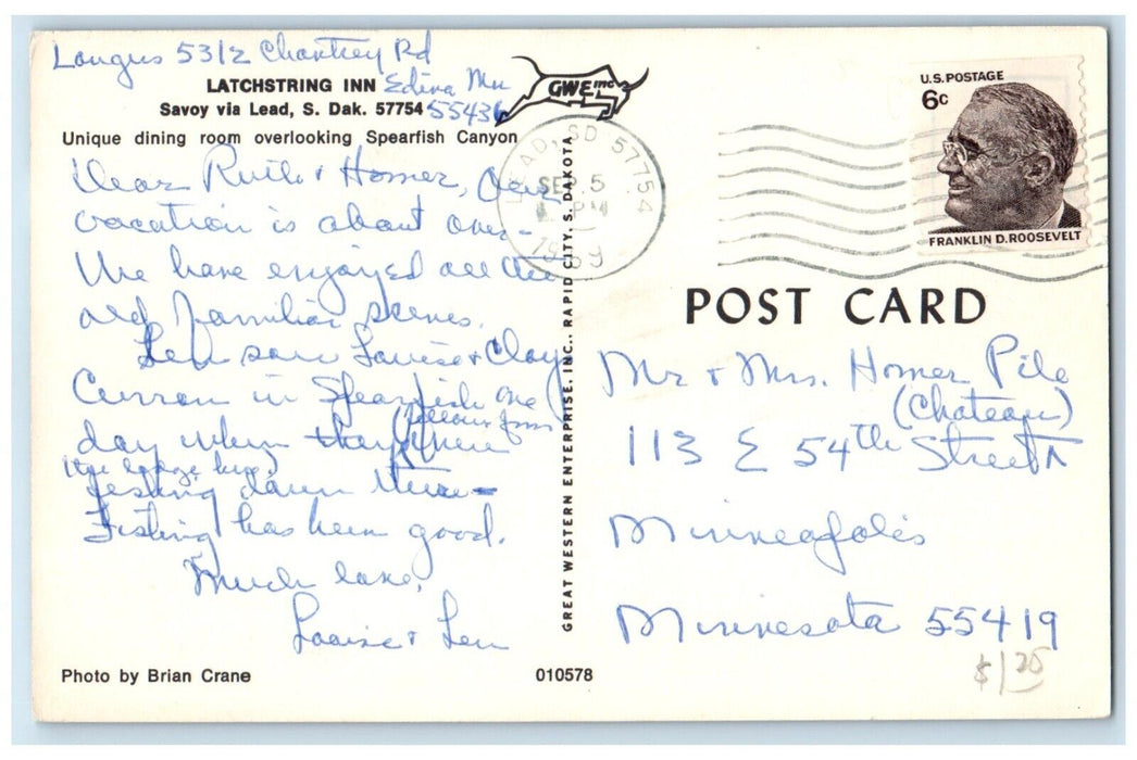 1959 Latchstring Inn Savoy Spearfish Canyon Interior Lead South Dakota Postcard