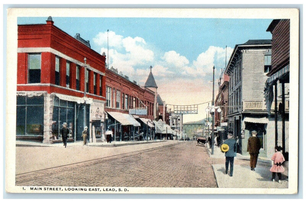 c1920 Main Street Looking East Exterior Building Lead South Dakota SD Postcard