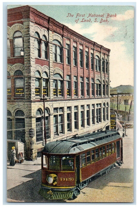 1910 First National Bank Streetcar Exterior Building Lead South Dakota Postcard