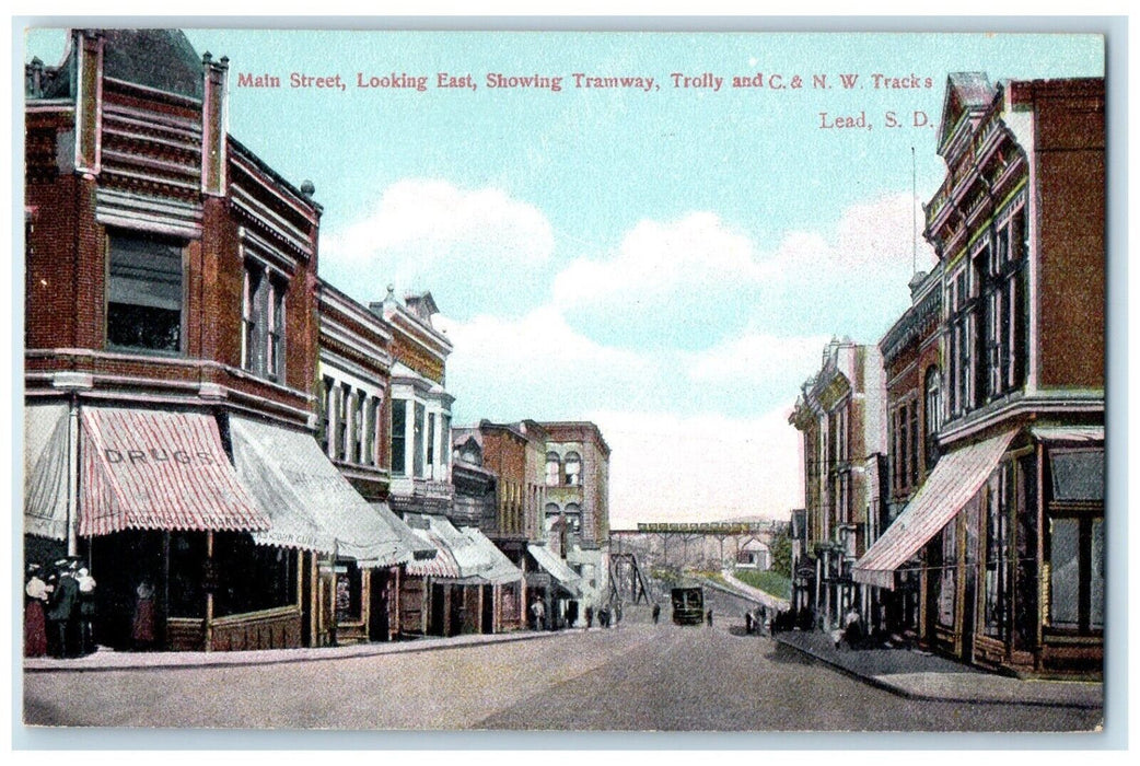 c1910 Main Street Looking East Tramway Trolly Lead South Dakota Vintage Postcard