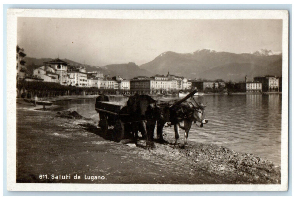 c1940's Greetings From Lugano Switzerland Buffalo Carriage RPPC Photo Postcard