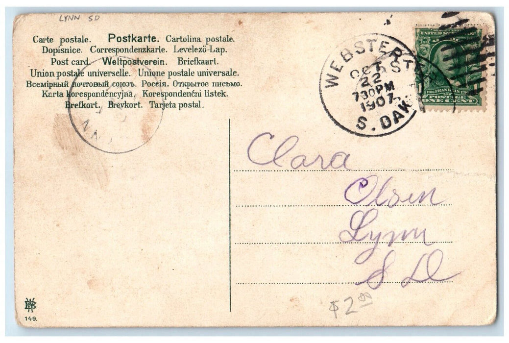 1907 Greetings From Flower Leaves Lynn South Dakota SD Vintage Antique Postcard
