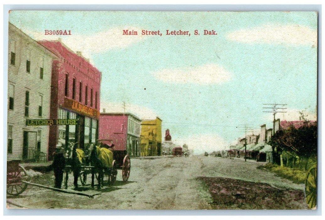 1910 Main Street Horse Carriage Exterior Building Letcher South Dakota Postcard