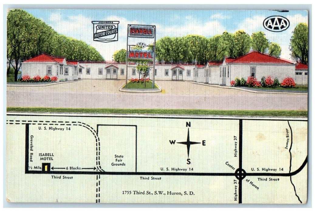 c1940 Isabell Motel Third Street SW Map Exterior Huron South Dakota SD Postcard