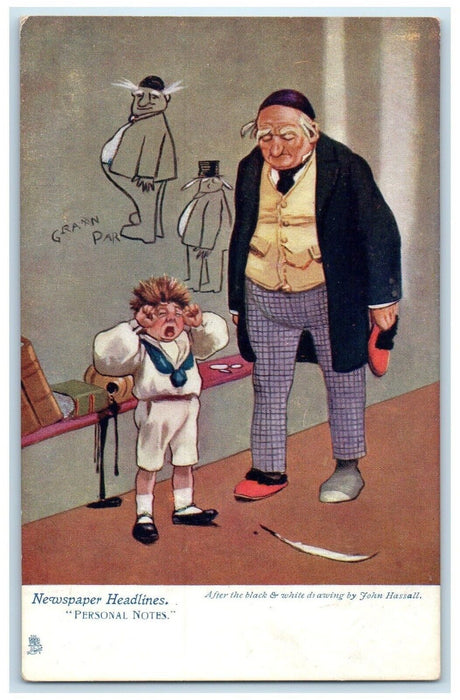 c1910's Newspaper Headlines Granpa Boy Crying Oilette Tuck's Antique Postcard