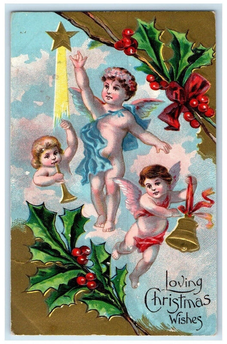 1910 Christmas Angels Holly Berries Bell Embossed Bamforth Antique Postcard