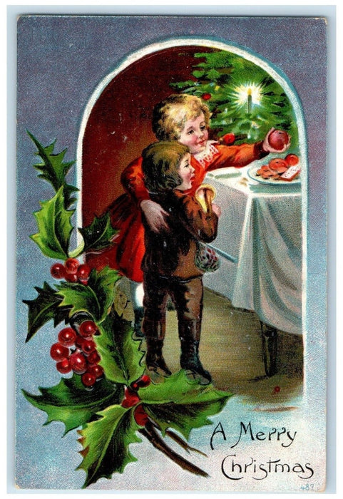 c1910's Christmas Tree Children Holly Berries Embossed Posted Antique Postcard