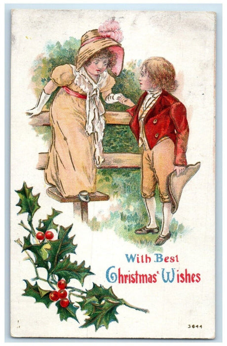 c1910's Christmas Children Fence Holly Berries Embossed Posted Antique Postcard
