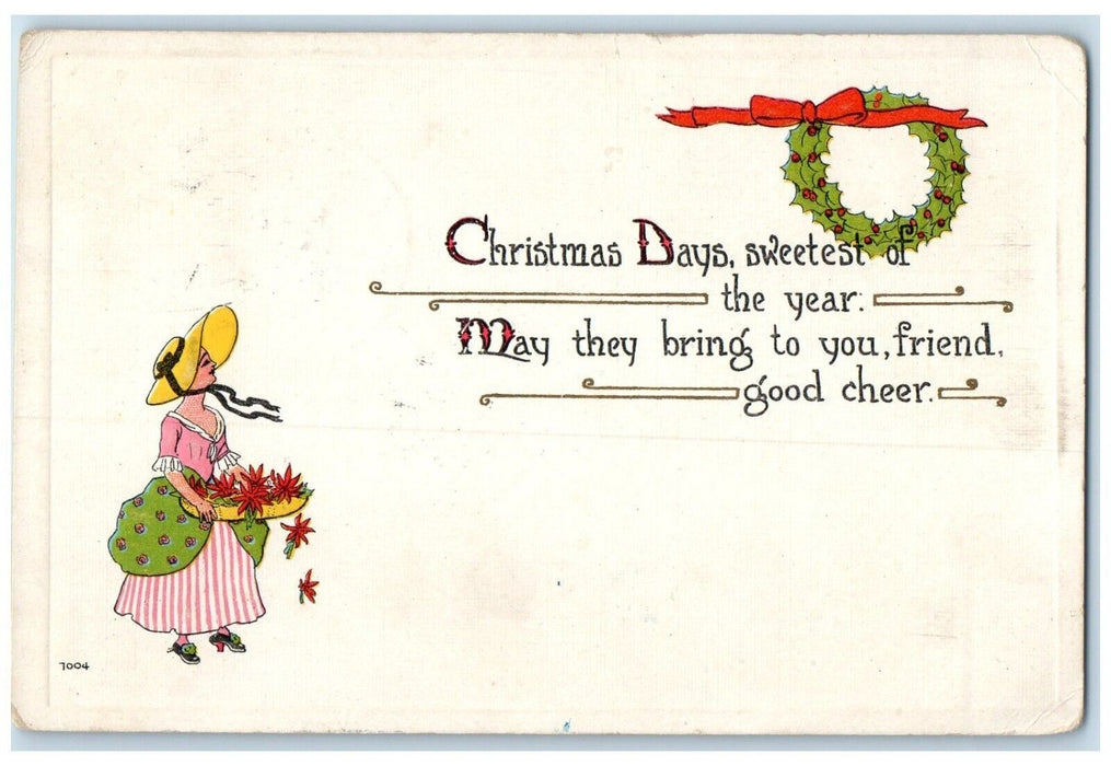 1914 Christmas Woman With Poinsettia Flowers Whreat Embossed Antique Postcard