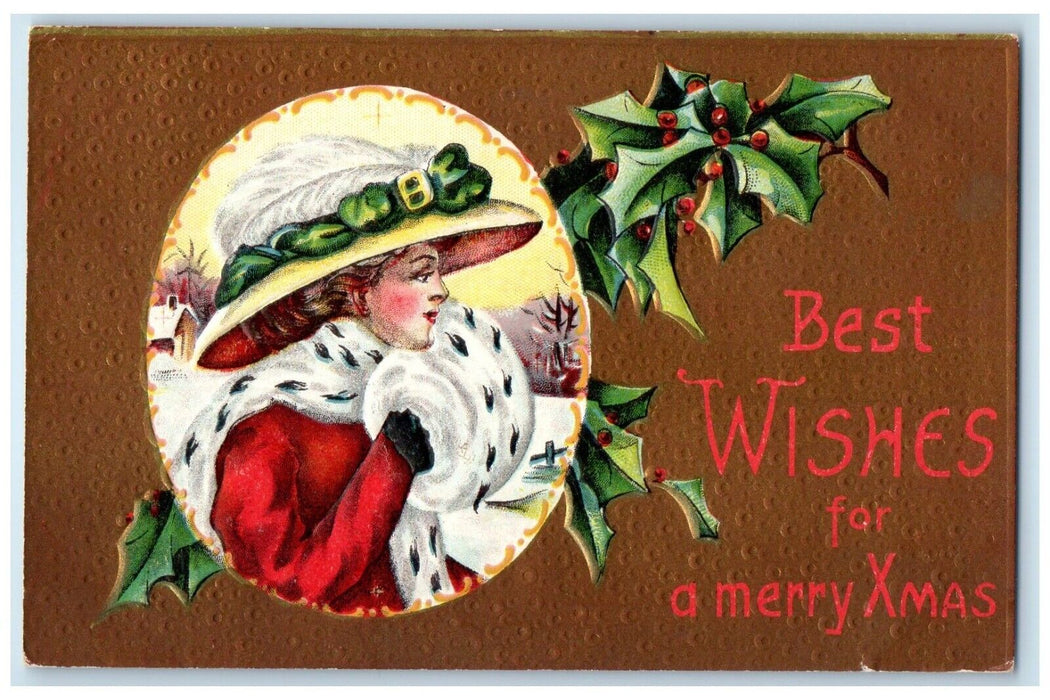 c1910's Christmas Woman Big Hat Feather Handwarmer Berries Embossed Postcard