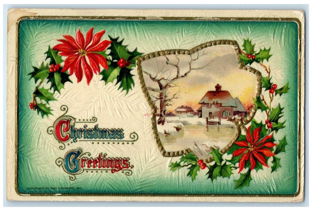 1912 Christmas Greetings House Winter Poinsettia Flowers Berries Posted Postcard
