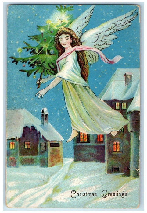 c1910's Christmas Greetings Angel With Christmas Tree Embossed Antique Postcard