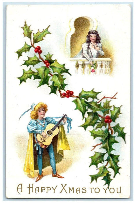 c1910's Christmas Serenade Holly Berries Embossed Sherman Maine Antique Postcard