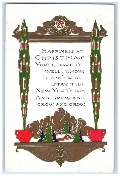 c1910's Christmas Arts Crafts Candles Holly Berries Whreat Antique Postcard